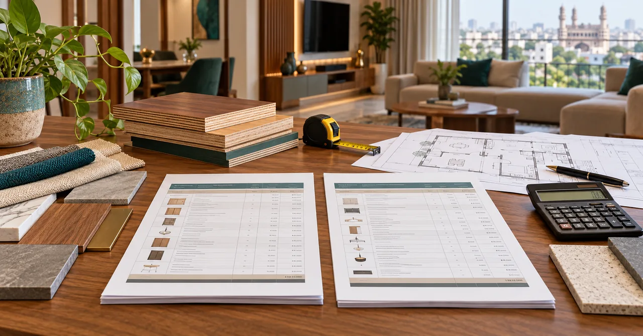 Homeowner comparing an itemised interior design BOQ, material samples and floor plans in Hyderabad