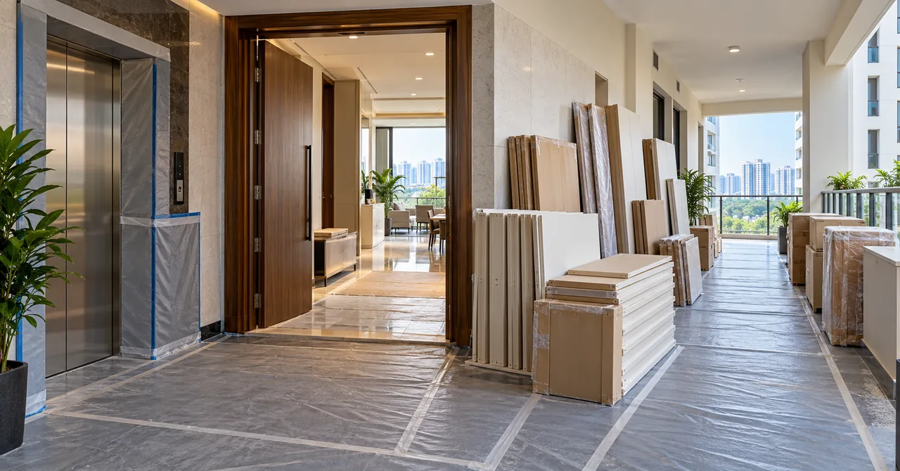 Protected apartment lift and corridor prepared for interior material delivery in a Hyderabad gated community