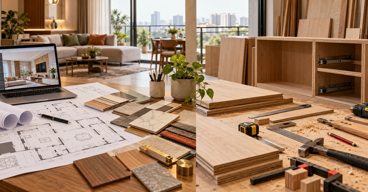 Interior designer reviewing drawings with a carpenter building custom cabinetry in a Hyderabad apartment