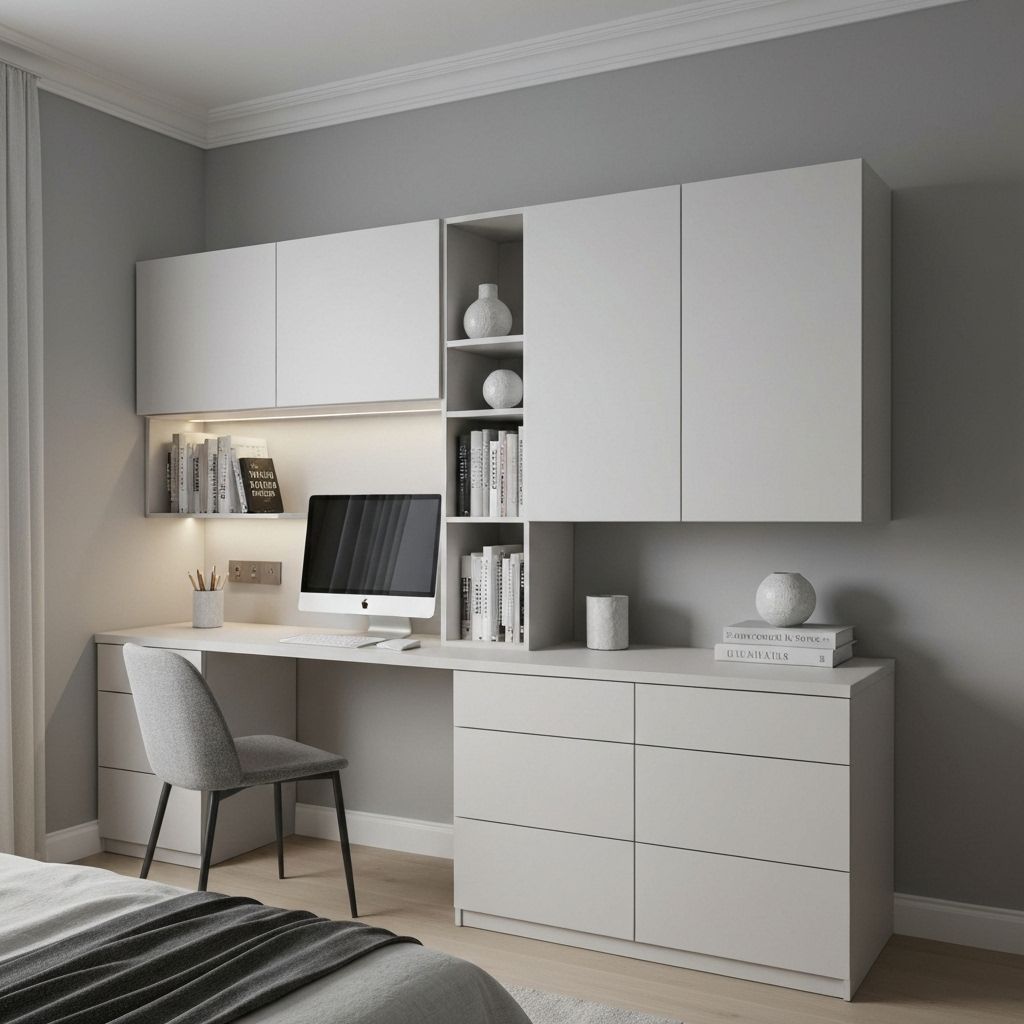 A bedroom with a study unit and wall mounted cabinets