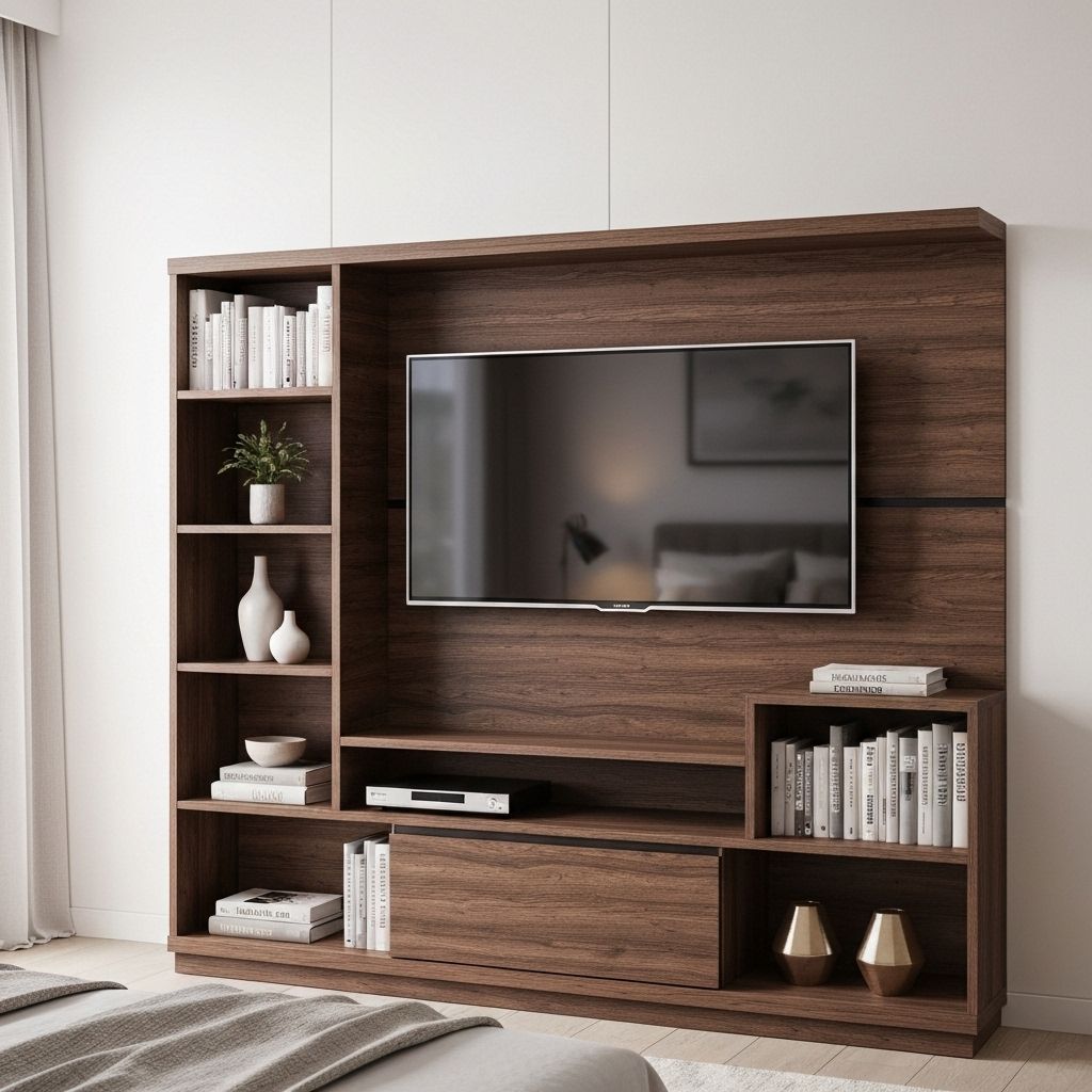 A bedroom with a TV unit with open storage